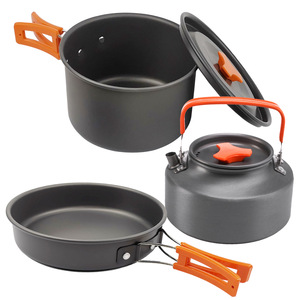 Juego de 3 utensilios de cocina para exteriores para 2-3 personas con bolsa de malla, olla, sartén, <span class=keywords><strong>tetera</strong></span>, juego de vajilla portátil para acampar. - Product Image 1