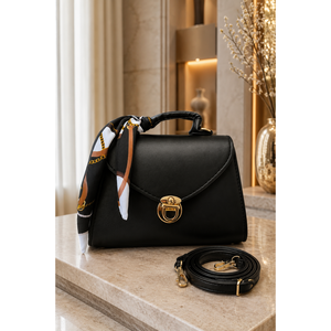 Sac à main et à bandoulière en cuir noir-brun avec fermoir doré et détails imprimés motif foulard - Product Image 1
