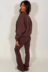 Ensemble de survêtement 2 pièces pour femme, dernier design, marron, fermeture éclair et pantalon pattes d'éléphant, respirant, 100% coton, ensemble de survêtement 2 pièces pour femme - Product Image 3
