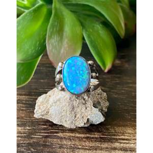Navajo Made Blue Opal & <b>Sterling</b> <b>Silver</b> <b>Ring</b> Size 5.75 Rhodium Plated Everyday Wear Gemstone <b>Ring</b> with Bezel Setting - Product Image 1