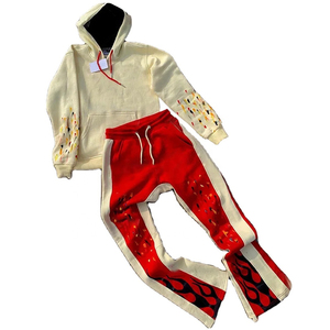 400gsm Applique Patches Broderie Rhinestone Acid Wash Sun Faded Flared Sweatsuit Raw Hem Hoodie Sweatpants Set Tracksuit Men - Product Image 5