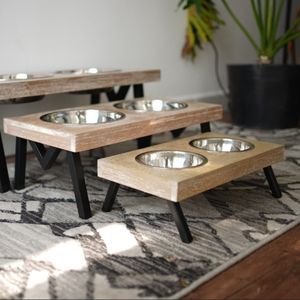 Wholesale OEM/ODM Directly Vietnam Factory Pet Dog <b>Cat</b> Feeder <b>Stand</b> Wooden Top Grey Metal Legs Double Dog Bowl Stainless Steel - Product Image 1