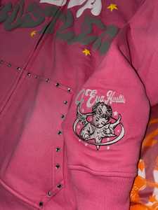 Ventes en gros de sweats à capuche pour femmes, vêtements de rue d'hiver, personnalisés, en coton délavé au soleil, doublés de polaire, imprimés, avec pierres précieuses en cristal, fermeture éclair - Product Image 3