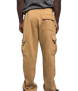 Men's Khaki Cargo Sweatpants Elastic Waist Drawstring Multiple Pockets Casual Style Woolen Fabric Straight Pattern Autumn Wear - Product Image 5