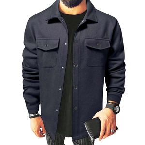 เสื้อแจ็คเก็ตเชิ้ตผ้าวูลผสมแบบลำลองสำหรับผู้ชาย ดีไซน์ล่าสุด สีสันตามสั่ง ปกตั้ง สไตล์วินเทจ สำหรับฤดูใบไม้ร่วง แฟชั่นทันสมัย - Product Image 5