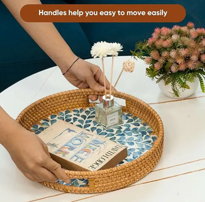 Bandeja de mimbre hecha a mano de lujo con elegante incrustación de nácar-Bandeja de servicio decorativa para uso en el hogar, frutas y verduras - Product Image 4