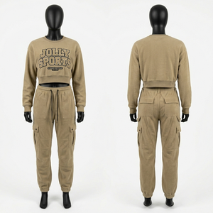 Women 320 GSM Cotton Fleece Yellow Crop <b>Top</b> Cargo Pant Set <b>Rhinestone</b> Heat Transfer Custom Logo Women's Set - Product Image 6
