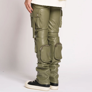 Streetwear Pantalon en cuir à poche cargo à la mode Taille haute Pu Faux Cargo 6 poches Pantalon en cuir à la mode Garçons - Product Image 3
