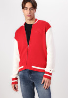 Chaqueta universitaria roja y blanca de alta calidad con logotipo personalizado para hombre, bombardero de béisbol con letras universitarias, puños acanalados con cuello de plumón