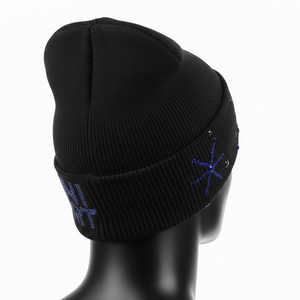 Bonnet pour homme en tissu côtelé premium 220 GSM, doux et chaud, noir, avec logo en strass thermocollé, bonnet jacquard - Product Image 5