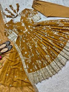 Traje de vestir de moda tradicional indio pakistaní Anarkali Salwar Kameez para mujer vestido étnico de Bollywood Japón satén seda mostaza - Product Image 6