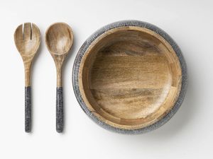 Bol à salade en bois de manguier au design classique cuillère Table à manger haute décorative bol en bois imprimé en émail multicolore poli HF - Product Image 4