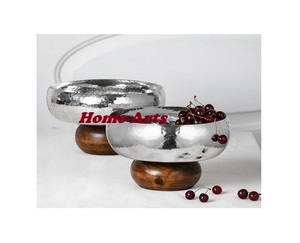 Set Of 2 Different Sizes Dessert Bowl With Stand Stainless Steel Hammered Chocolate Bowl With Wood Stand - Product Image 1