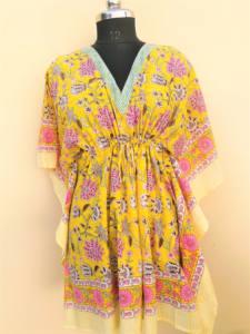Women's Hand Block Printed Cotton Quilted Bathrobe Gown Maxi Handmade <b>Bikini</b> Cover-up Caftan with <b>Skirt</b> Bottom - Product Image 6
