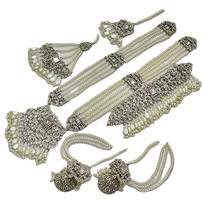 Exquisite Multi Strand White Seed Pearl <b>Choker</b> Featuring Intricate <b>Silver</b> Filigree Metalwork Encrusted With Shimmering Clear - Product Image 1