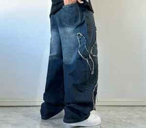 Vaqueros de mezclilla unisex para hombre, estilo casual, holgados, con lavado a la piedra, bordados desgastados, transpirables, de corte oversize, para primavera, otoño y verano, con botones. - Product Image 2