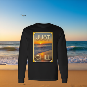 Camiseta de manga larga Just Chill Summer, camiseta promocional con diseño de playa, océano, agua, arena, olas, pájaros y cielo - Product Image 3