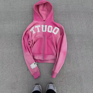 Sweat-shirt unisexe rose à capuche courte, fermeture éclair sur le devant, broderie lettres effet usé, coupe oversize, style décontracté, collection automne - Product Image 1
