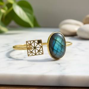 18K Gold Plated Labradorite Cuff <b>Bracelet</b>, Minimalist <b>Boho</b> Bangle - Product Image 3