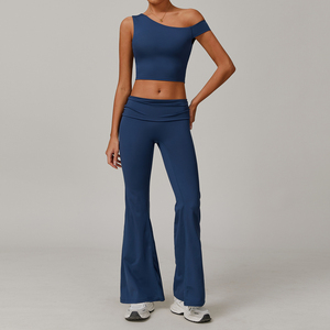 Ensemble de 2 pièces pour femmes, vêtements de yoga et de fitness personnalisés avec logo, débardeur de sport sans dos à bretelles, pantalon évasé taille haute push-up, tenue de sport - Product Image 4