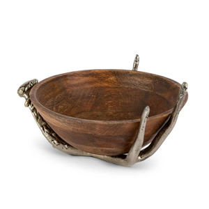 Handmade Stylish Wooden Round <b>Bowl</b> Metal Leaf Handles Modern Design Salad <b>Snacks</b> Serving <b>Bowl</b> for Home Decor Wedding Use - Product Image 2