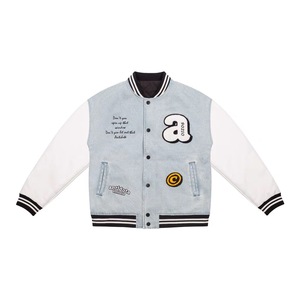 Vente en gros Chenille Broderie Patch Haute Qualité Vintage Lavage Denim Cuir Manches Letterman Varsity Veste Veste - Product Image 2