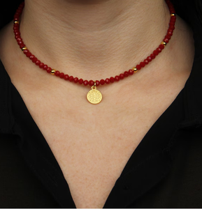 <b>Red</b> <b>Bead</b> Necklace, <b>Beaded</b> Choker Necklace, Boho Summer Choker, Gold Tiny Charm Choker Fringe <b>Beaded</b> Bandana - Product Image 1