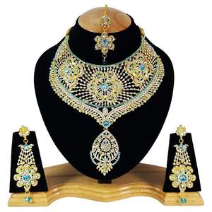 Antique Style Religious Zircon Handmade Zirconia Jewelry with Turquoise Necklace Earrings Maang Tikka Set Occasion Wedding - Product Image 1