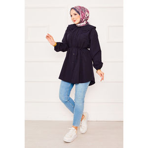 Navy Blue Modest Chiffon <b>Top</b> Double-Collared Drawstring Waist Long Printed Lace Embroidery Button <b>Sequined</b> <b>Plus</b> <b>Size</b> Option - Product Image 4