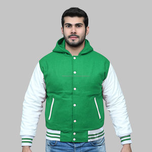 Veste de baseball universitaire personnalisée de haute qualité pour hommes Corps en laine avec manches en cuir Col à capuche Décoration de poche style course - Product Image 3