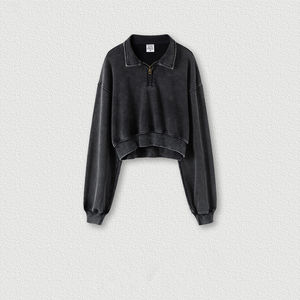 Personnalisable Mode Femmes Col Zip Vintage Washed Hoodies Haute Qualité Fabrication Femmes Crop Top Hoodie - Product Image 3