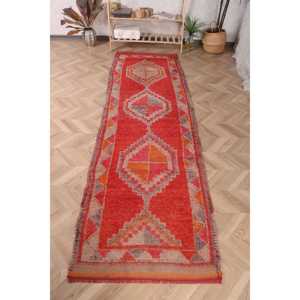 Turkish Rug, 2.8x9.8 ft <b>Runner</b> Rug, <b>Red</b> Striped Wool Vintage Rug - Product Image 1