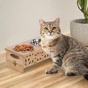 Raised Cat Food <b>Bowl</b> Elevated and Water Bamboo Cat Feeding <b>Bowl</b> Pet Food <b>Stand</b> 3 Stainless Steel - Product Image 3