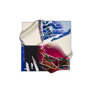 Cream Crepe Satin Silk Scarf with Geometric Pattern - Product Image 1