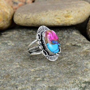 Bague en argent Sterling huître épineuse rose Kingman Rose Dahlia Turquoise Bague ovale en pierres précieuses Bijoux artisanaux uniques pour femmes - Product Image 3