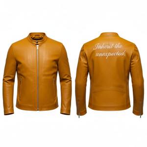 Chaqueta de Motociclista de Cuero Genuino para Hombre, de Alta Calidad, Corte Entallado, Cuello Mao, Transpirable, con Logotipo Frontal - Product Image 3