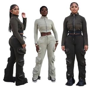 Wholesale 100%Cotton Casual Lightweight Flared Distressed Acid Wash Cropped Tracksuit Washed Boxy <b>Hoodie</b> and Joggers Tracksuits - Product Image 6