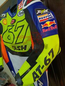 Combinaison de moto professionnelle en cuir jaune et bleu, sur mesure avec logo, confortable et au design moto. - Product Image 6