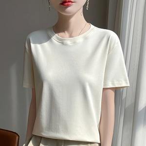 เสื้อยืดผ้าไหมผ้าฝ้ายผสมเมอร์เซริสสำหรับผู้หญิงเสื้อยืดคอกลมแขนสั้นทรงหลวมแบบเรียบง่ายสำหรับฤดูร้อน100% - Product Image 1
