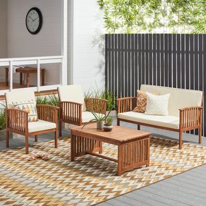 Natural Wood Garden Set Outdoor Patio Furniture 4 Piece Conversation <b>Seating</b> with Cushions for Courtyard - Product Image 1