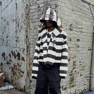 Sudadera con Capucha Corta de Lujo Personalizada con Impresión DTG, Logotipo, Tejido Grueso 100%, Diseño a Rayas, Corte Cuadrado, con Cremallera para Hombre - Product Image 1