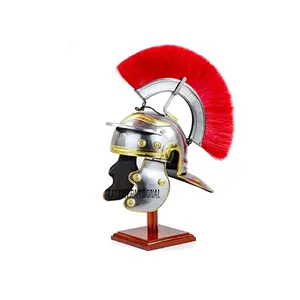 Middeleeuwse Pantserhelm Ridderofficier Centurion Helm Zilver Gepolijst ~ Messing Ontwerp Middeleeuwse Roman Met Rode Pluim