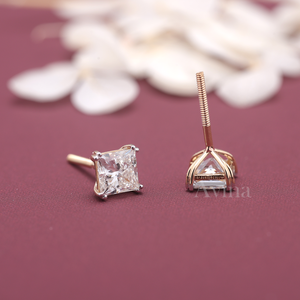 IGI Certified Lab Grown Diamond Princess Cut Stud Earrings 14K <b>White</b> / Rose & Yellow Gold Square Solitaire Diamond Earrings - Product Image 6
