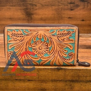 Elegante billetera turquesa para mujer con tallado a mano forro de cuero genuino lindo multiuso funda de teléfono embrague para damas - Product Image 1