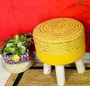 Pouf Ottoman en Corde de Jute Jaune et Coton, Design Moderne, 2 Pièces, Artisanat en Bois, Mobile, Changeant de Couleur, pour Chambre à Coucher/Salle de Séjour - Product Image 1