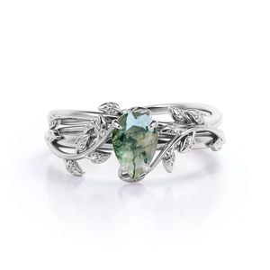 Bague de fiançailles de mariage en argent 925 pour femme 1 carat Agate mousse verte poire avec pierre gravée Style classique pour la fête - Product Image 6
