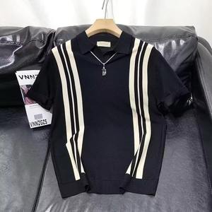 Camiseta Polo de Algodón Transpirable para Hombre, Verano 2025, Corte Ajustado, Casual, Manga Corta, Rayas, Bloques de Color, Tejido Refrescante - Product Image 1