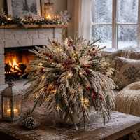 Branches artificielles de pin de Norfolk avec baies rouges, floquées de neige, guirlande LED, arrangement floral pour la décoration de Noël à la maison