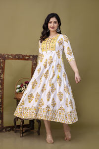 Robe longue à imprimé floral, robe longue Kurta, tenue de soirée, col fermé, en coton, robe pour femmes d'Inde - Product Image 3