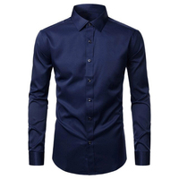 Kemeja lengan panjang Slim Fit pria, kaus bisnis kasual kain katun 100% Label pribadi kustom